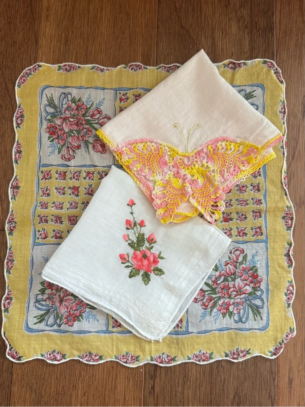 3 Vintage  Floral Embroidered and Crochet-Trim Handkerchiefs Yellow Pink & White
